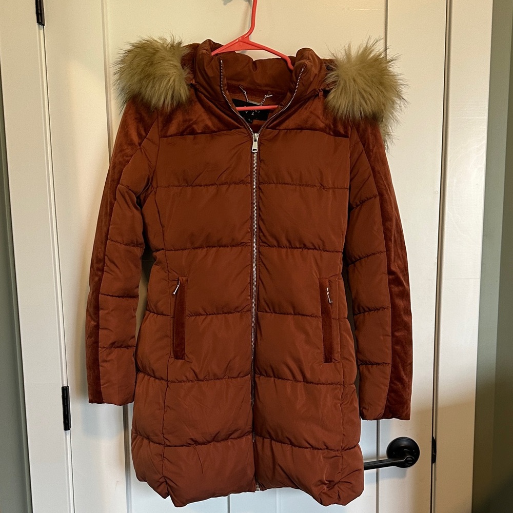 Burnt Orange Puffer Coat with Fur Hood